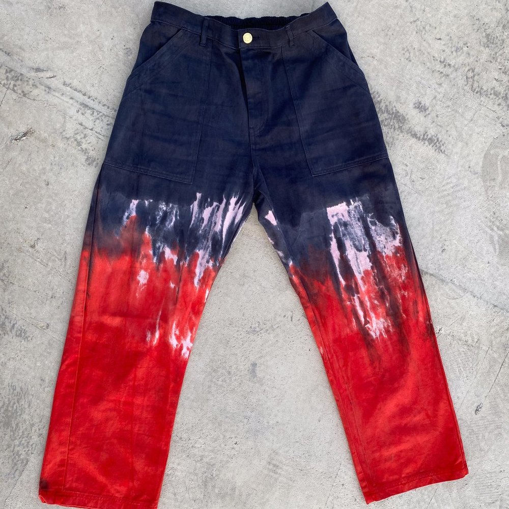 Big Bud Press Work Pant Tie Dye Ombre Two Tone Straight Leg Navy Red White Large